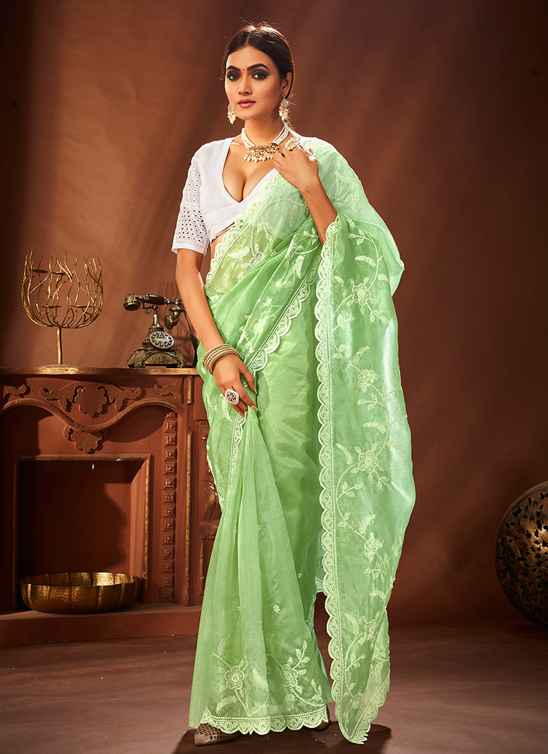 Green Sequence Embroidery Traditional Organza Silk Saree