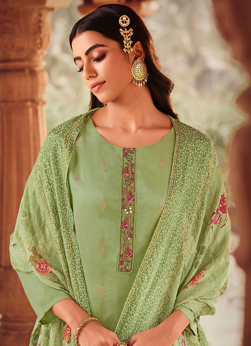 Light Green Handwork Embroidery Traditional Pant Style Suit