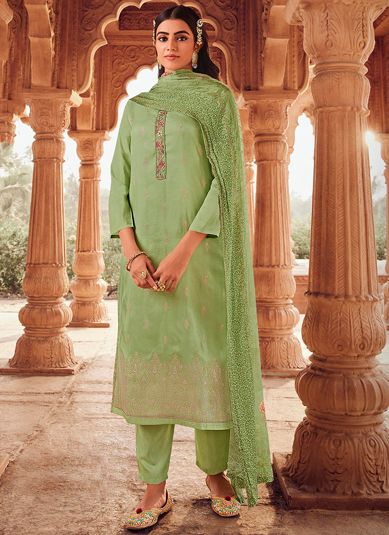 Light Green Handwork Embroidery Traditional Pant Style Suit