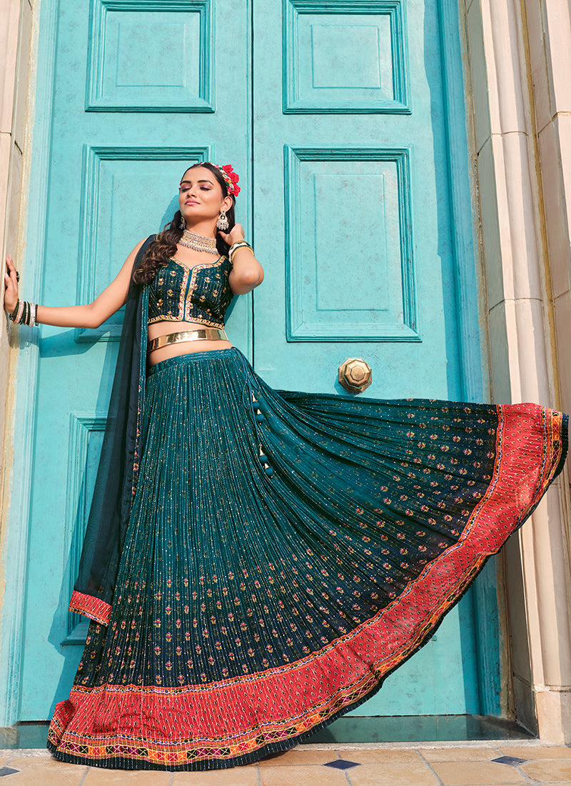 Turquoise And Red Sequence Embroidery Lehenga Choli