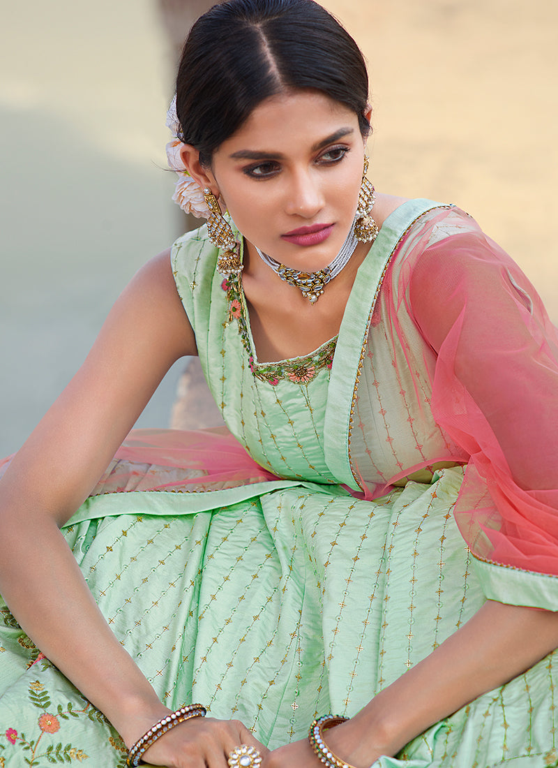 Mint Green And Peach Multi Embroidery Festive Anarkali Gown