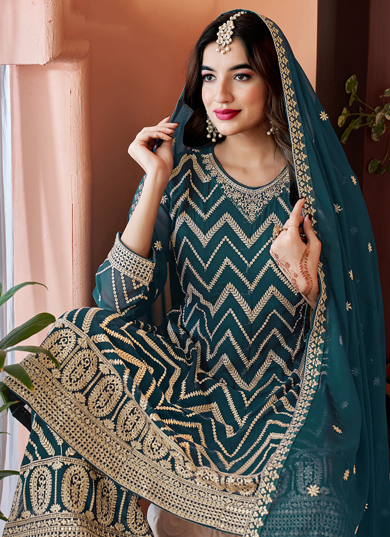 Turquoise Golden Sequence Embroidery Traditional Palazzo Suit