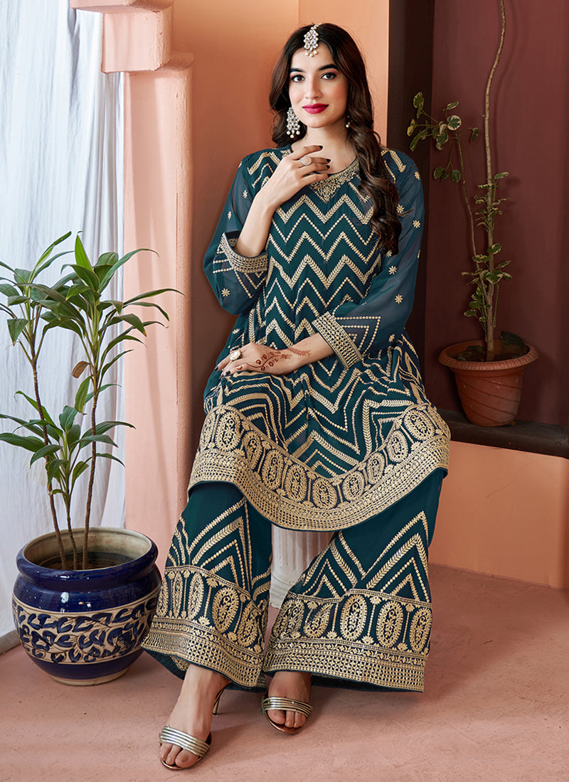 Turquoise Golden Sequence Embroidery Traditional Palazzo Suit