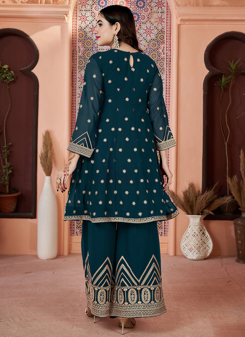 Turquoise Golden Sequence Embroidery Traditional Palazzo Suit