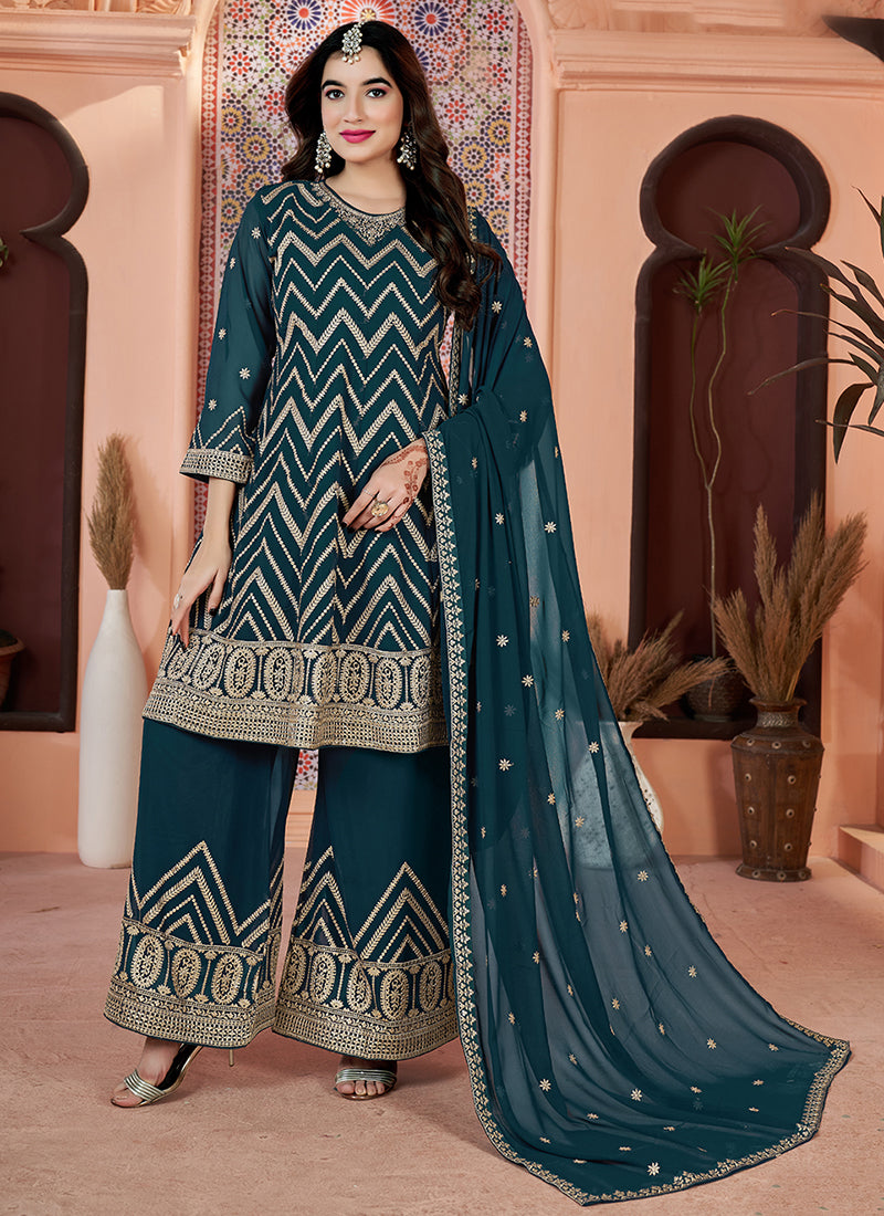 Turquoise Golden Sequence Embroidery Traditional Palazzo Suit