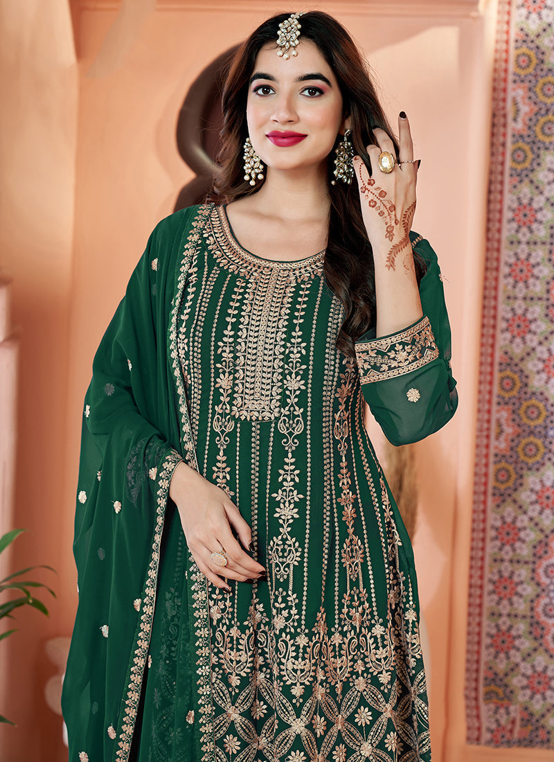 Green Golden Sequence Embroidery Traditional Palazzo Suit