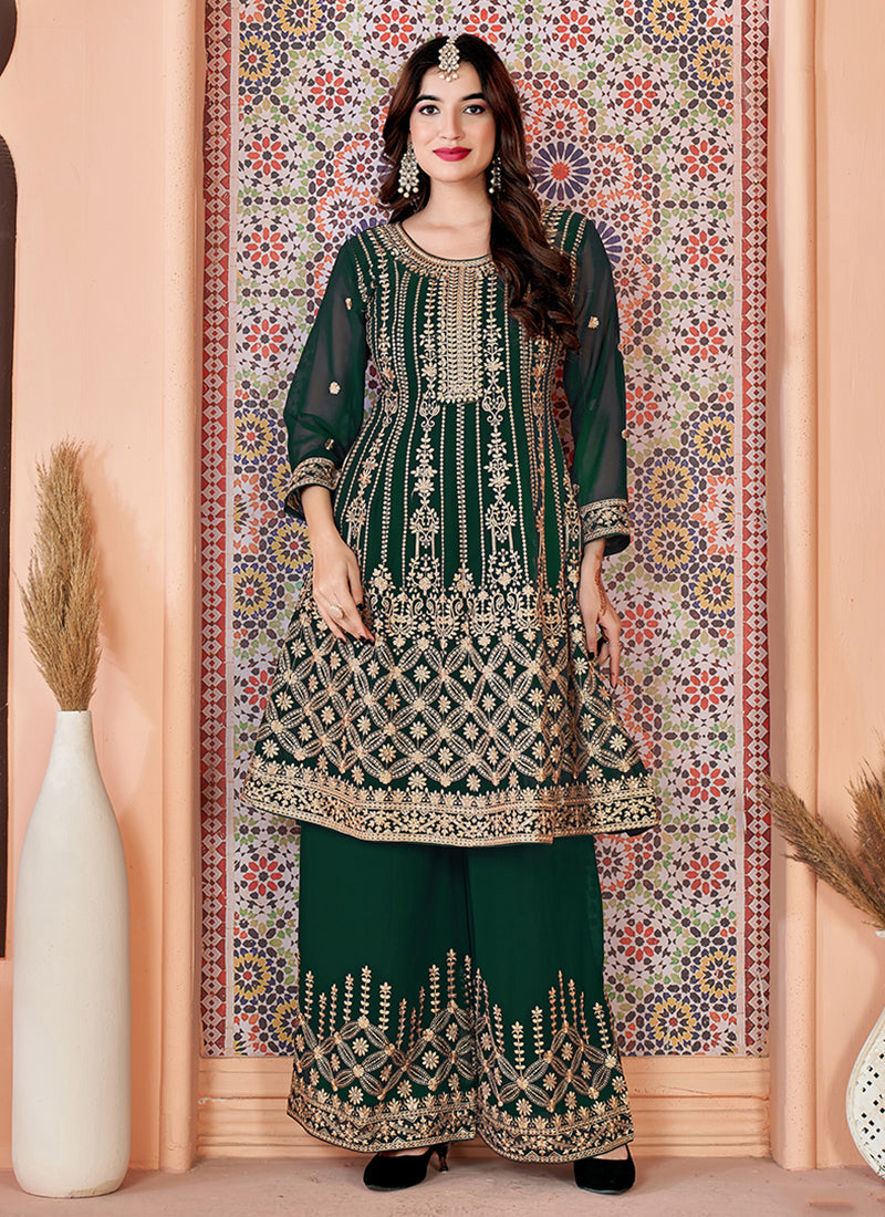 Green Golden Sequence Embroidery Traditional Palazzo Suit