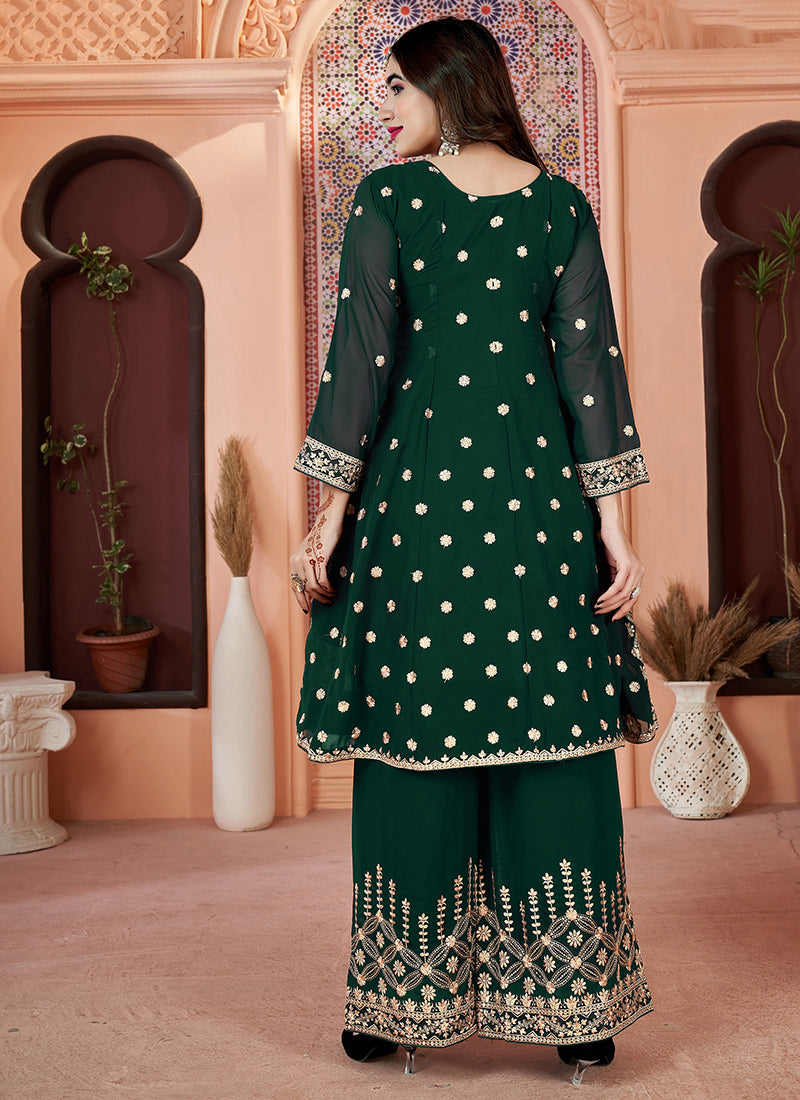 Green Golden Sequence Embroidery Traditional Palazzo Suit