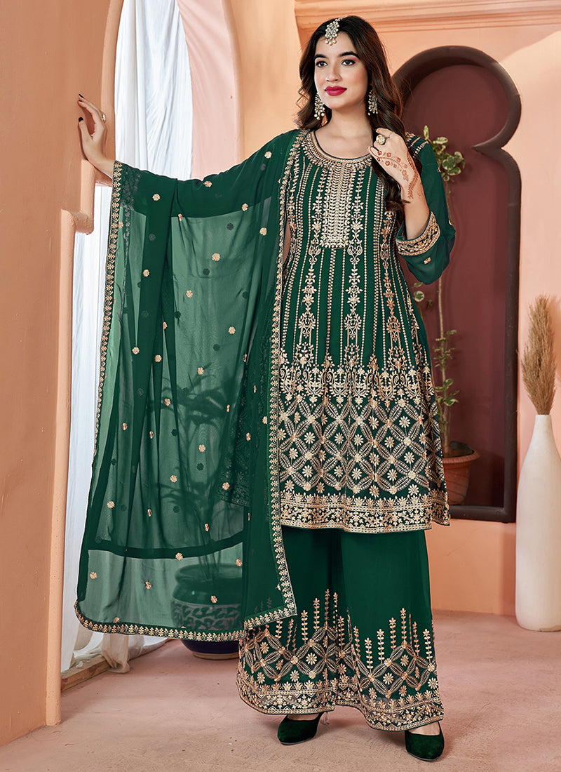 Green Golden Sequence Embroidery Traditional Palazzo Suit