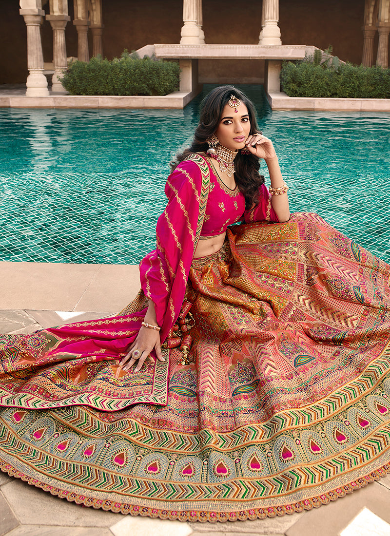 Pink Multi Embroidery Wedding Lehenga Choli With Belt