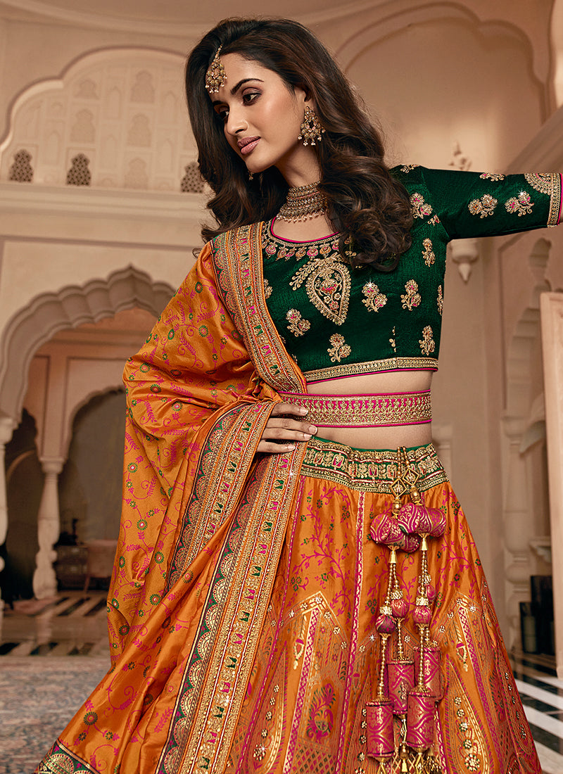 Orange And Green Embroidery Wedding Lehenga Choli With Belt