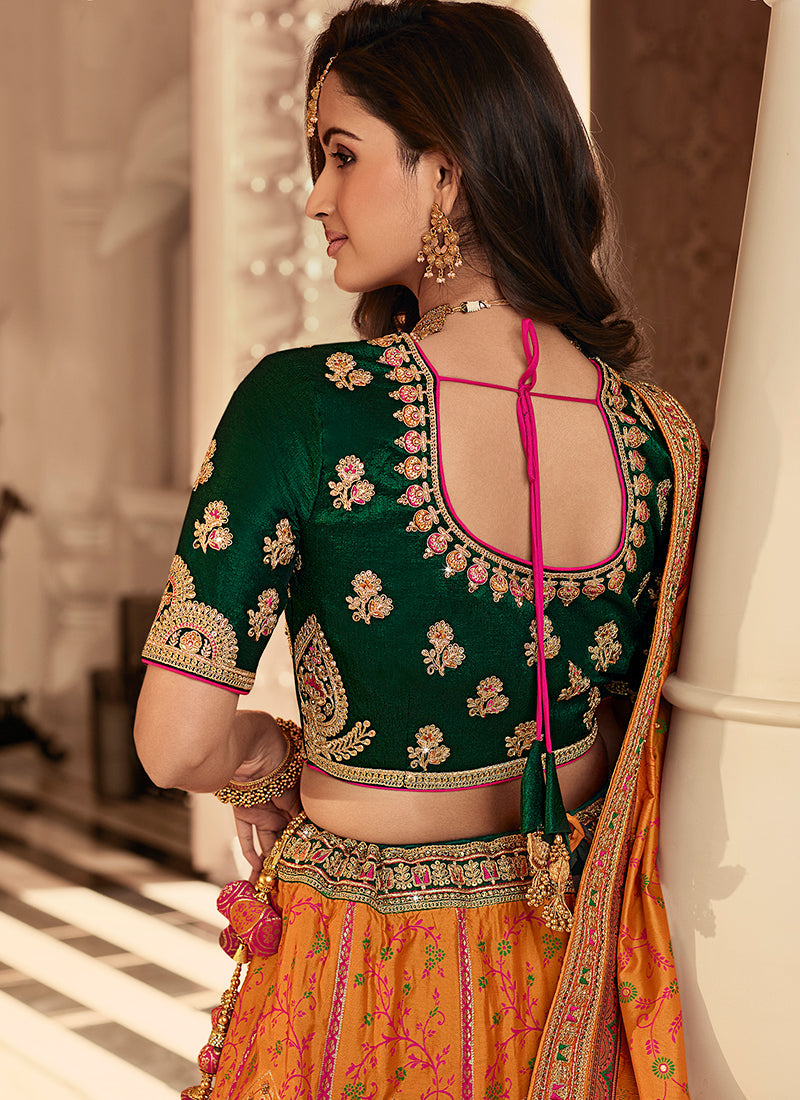 Orange And Green Embroidery Wedding Lehenga Choli With Belt