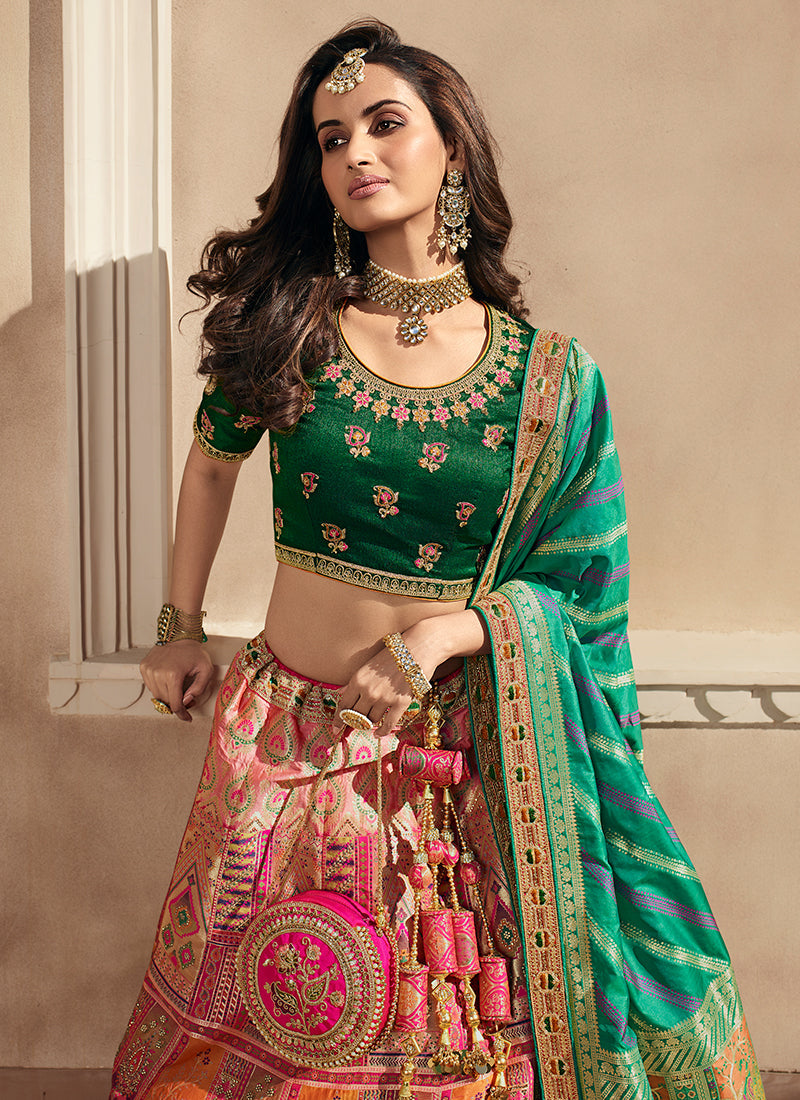 Green And Pink Embroidery Wedding Lehenga Choli With Belt