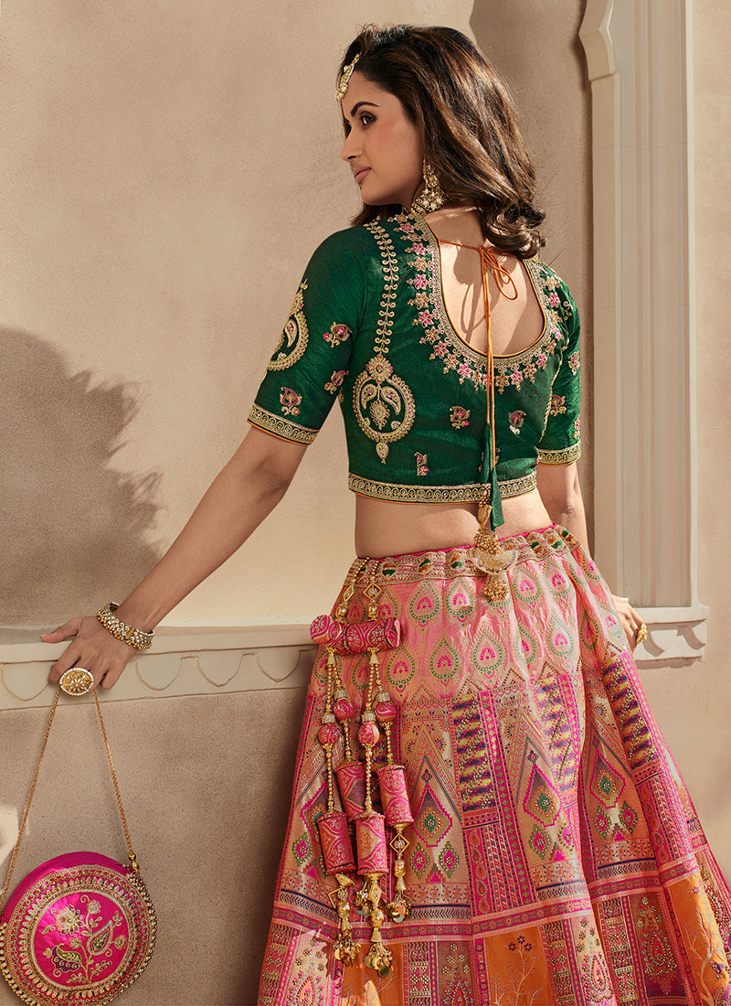 Green And Pink Embroidery Wedding Lehenga Choli With Belt