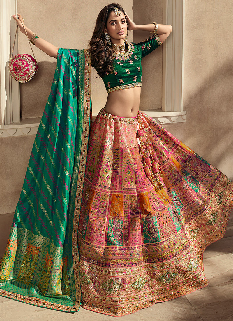 Green And Pink Embroidery Wedding Lehenga Choli With Belt