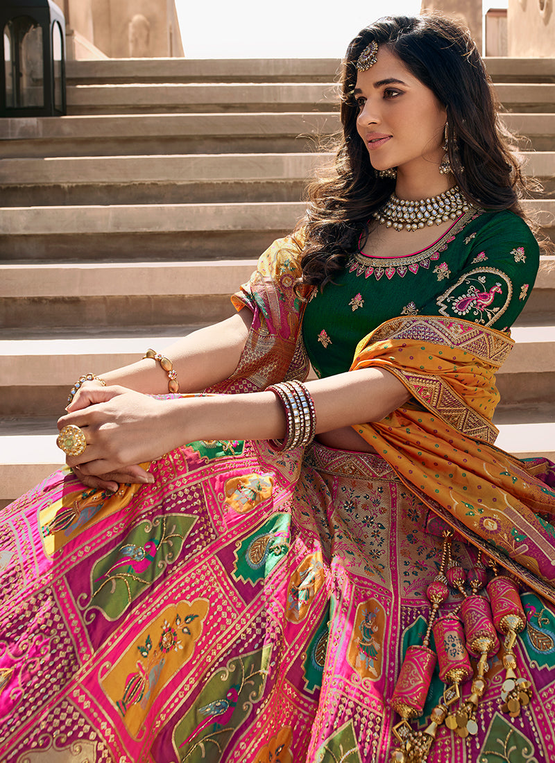 Pink Multicoloured Embroidery Wedding Lehenga Choli With Belt