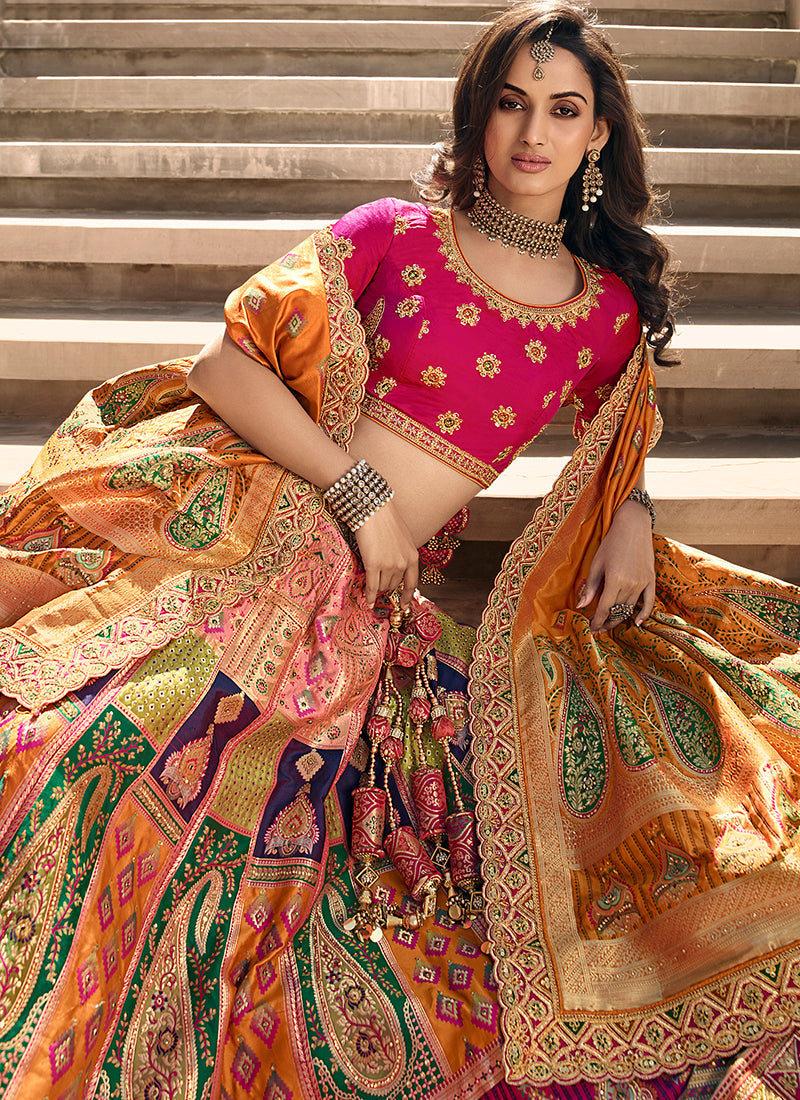 Orange Multi Embroidery Wedding Lehenga Choli With Belt