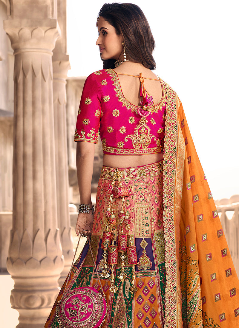 Orange Multi Embroidery Wedding Lehenga Choli With Belt