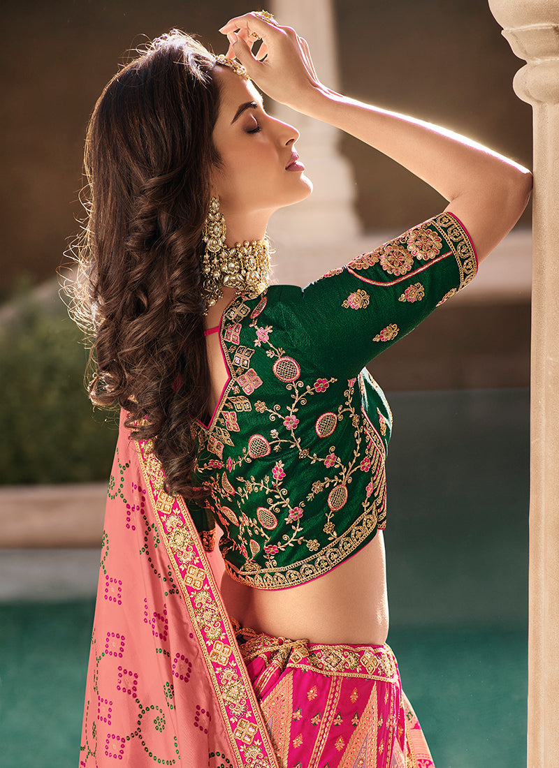 Pink And Green Embroidery Wedding Lehenga Choli With Belt