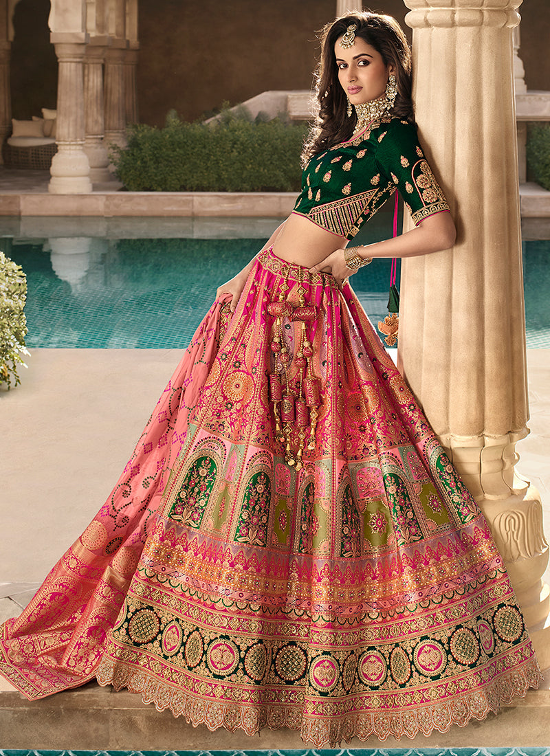 Pink And Green Embroidery Wedding Lehenga Choli With Belt