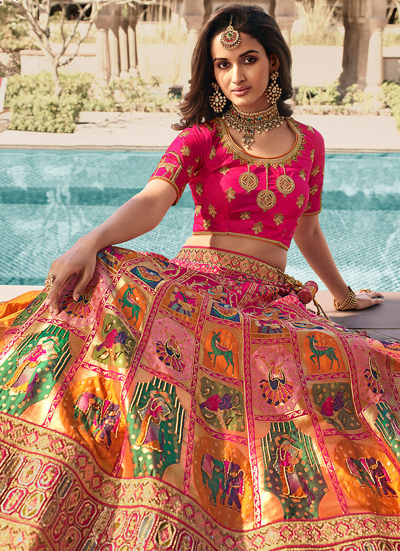 Pink And Orange Embroidery Wedding Lehenga Choli With Belt