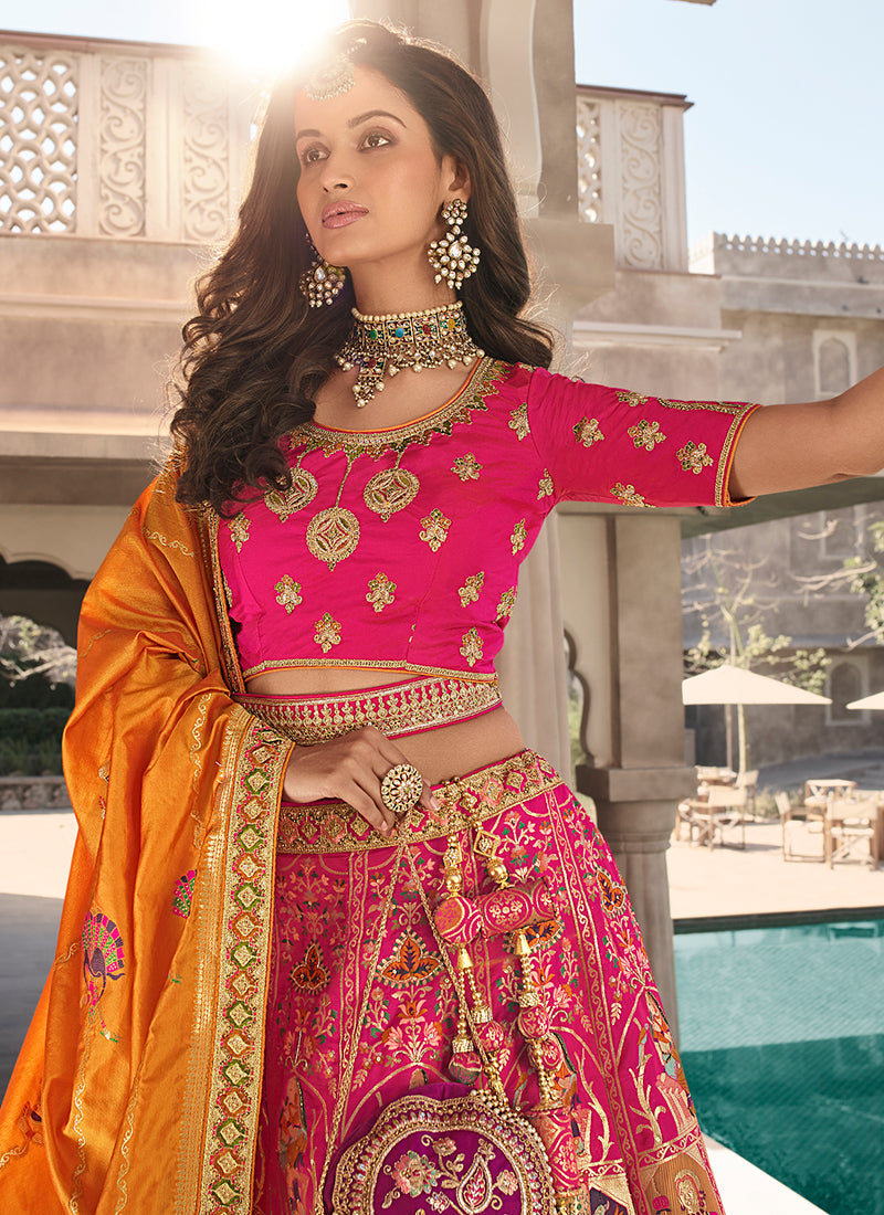 Pink And Orange Embroidery Wedding Lehenga Choli With Belt