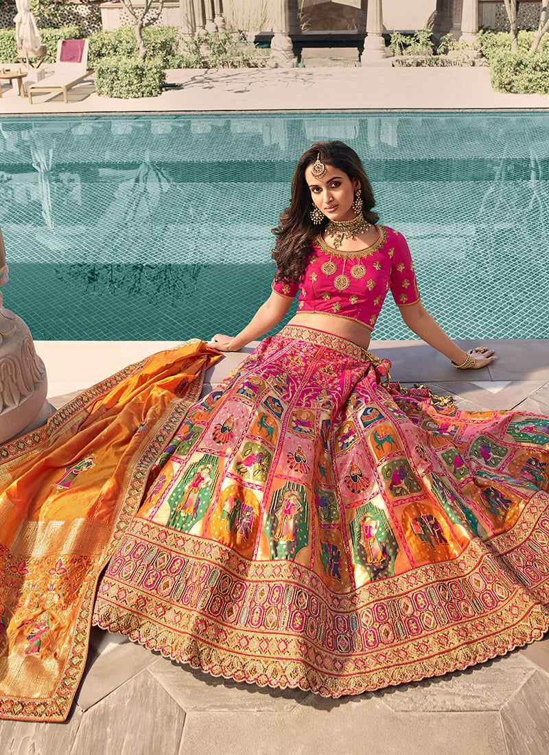 Pink And Orange Embroidery Wedding Lehenga Choli With Belt