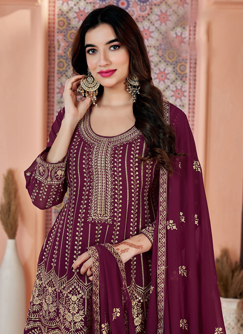 Maroon Golden Sequence Embroidery Traditional Palazzo Suit