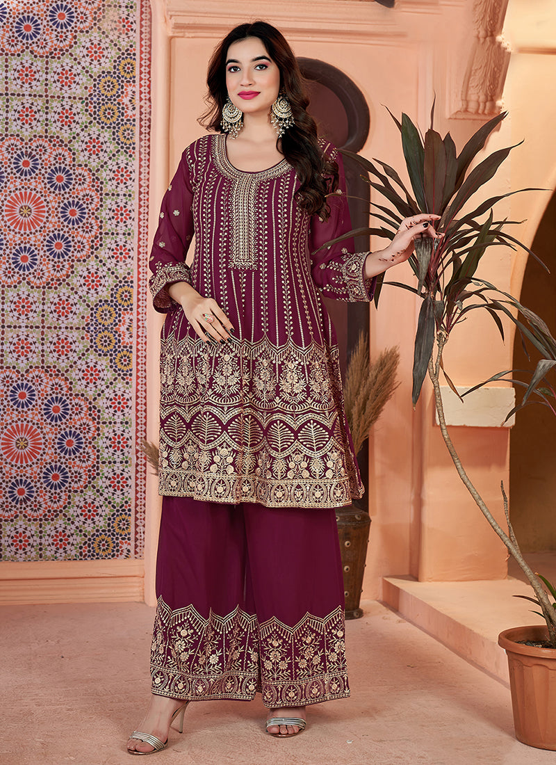 Maroon Golden Sequence Embroidery Traditional Palazzo Suit