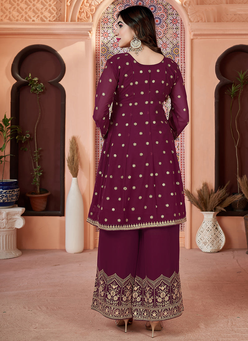 Maroon Golden Sequence Embroidery Traditional Palazzo Suit