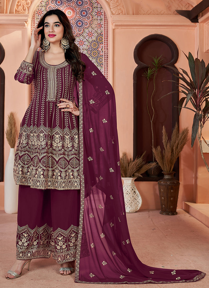 Maroon Golden Sequence Embroidery Traditional Palazzo Suit