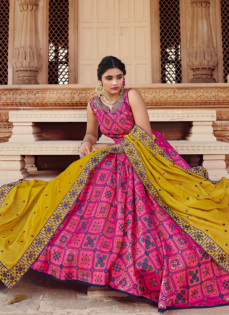 Pink And Yellow Multi Embroidery Festive Anarkali Gown