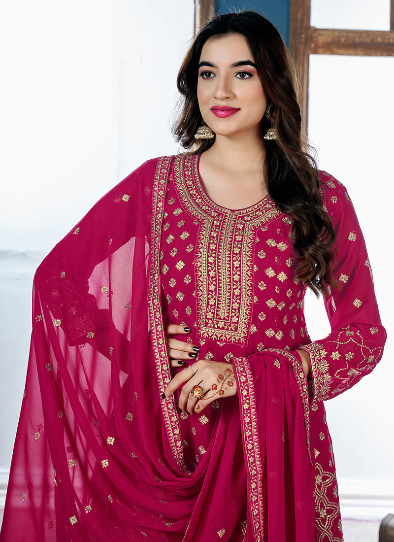 Magenta Golden Sequence Embroidery Traditional Palazzo Suit