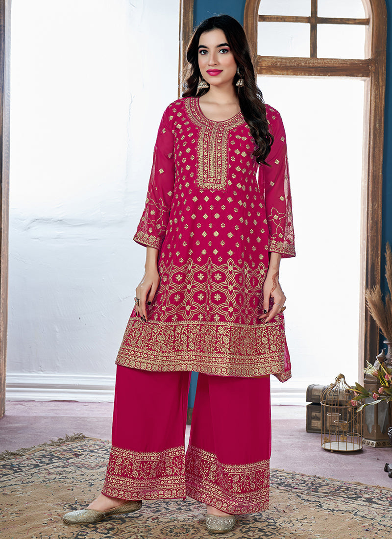 Magenta Golden Sequence Embroidery Traditional Palazzo Suit