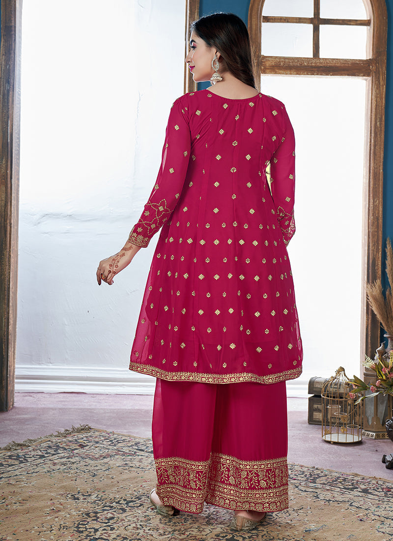 Magenta Golden Sequence Embroidery Traditional Palazzo Suit