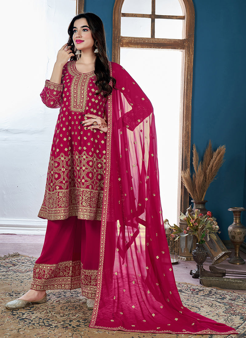 Magenta Golden Sequence Embroidery Traditional Palazzo Suit