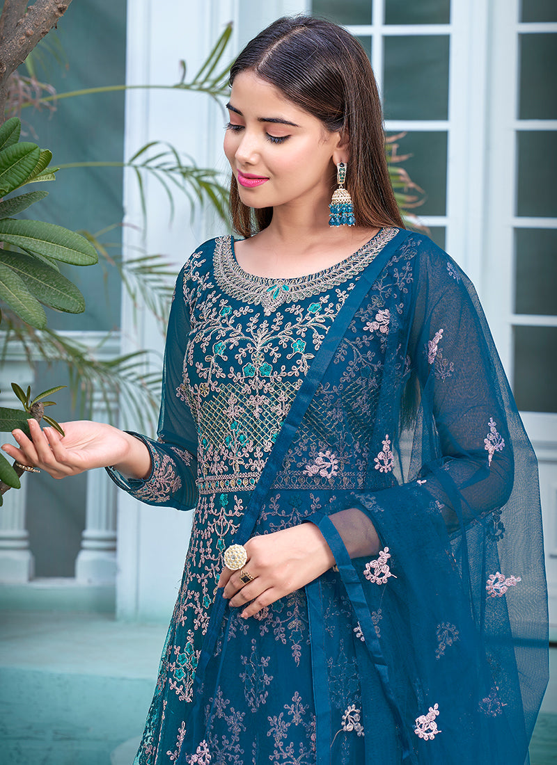 Firozi Blue Embroidery Traditional Anarkali Suit