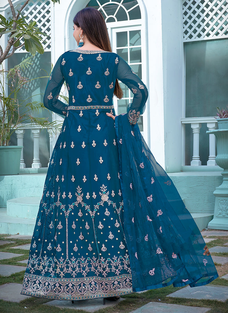 Firozi Blue Embroidery Traditional Anarkali Suit