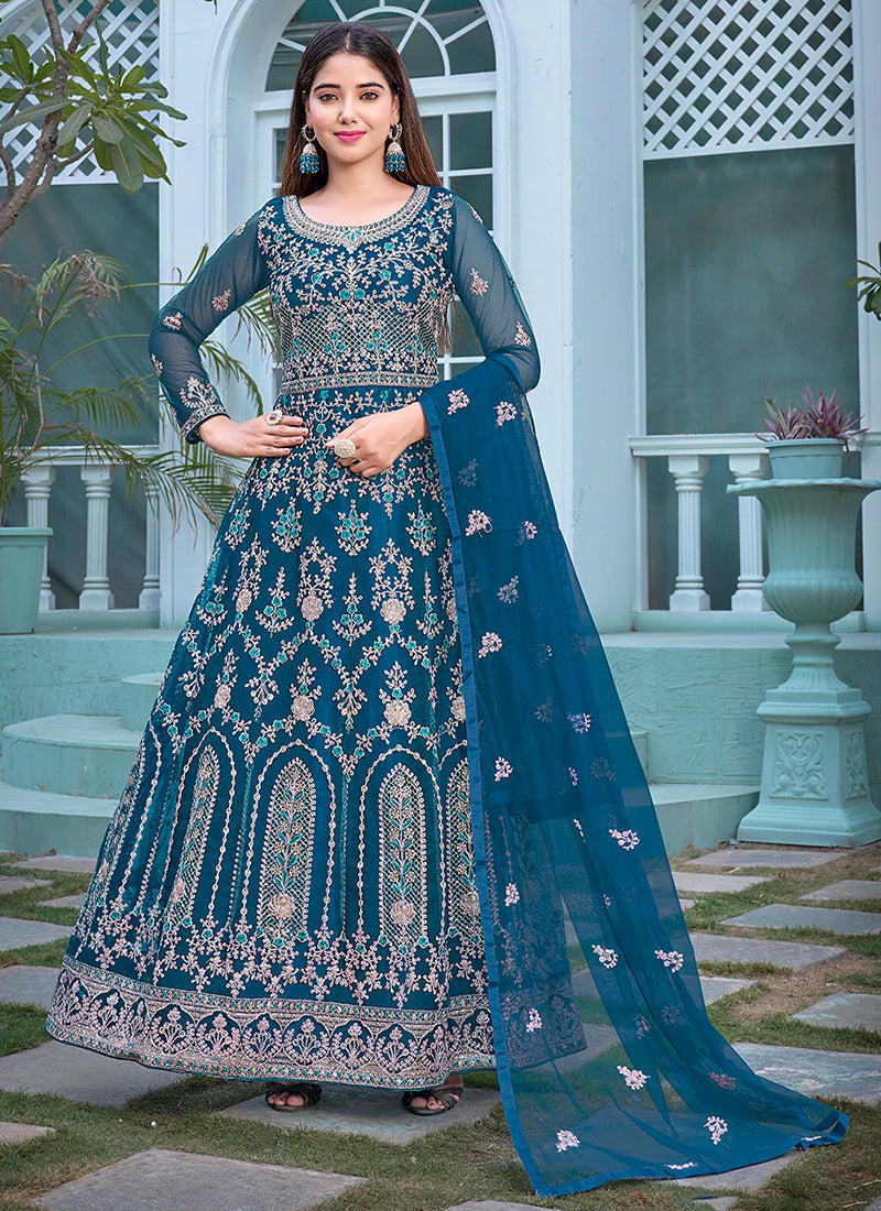 Firozi Blue Embroidery Traditional Anarkali Suit