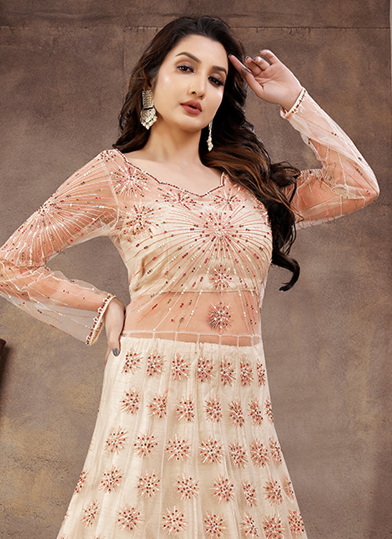 Beige Multi Embroidery Wedding Anarkali Lehenga