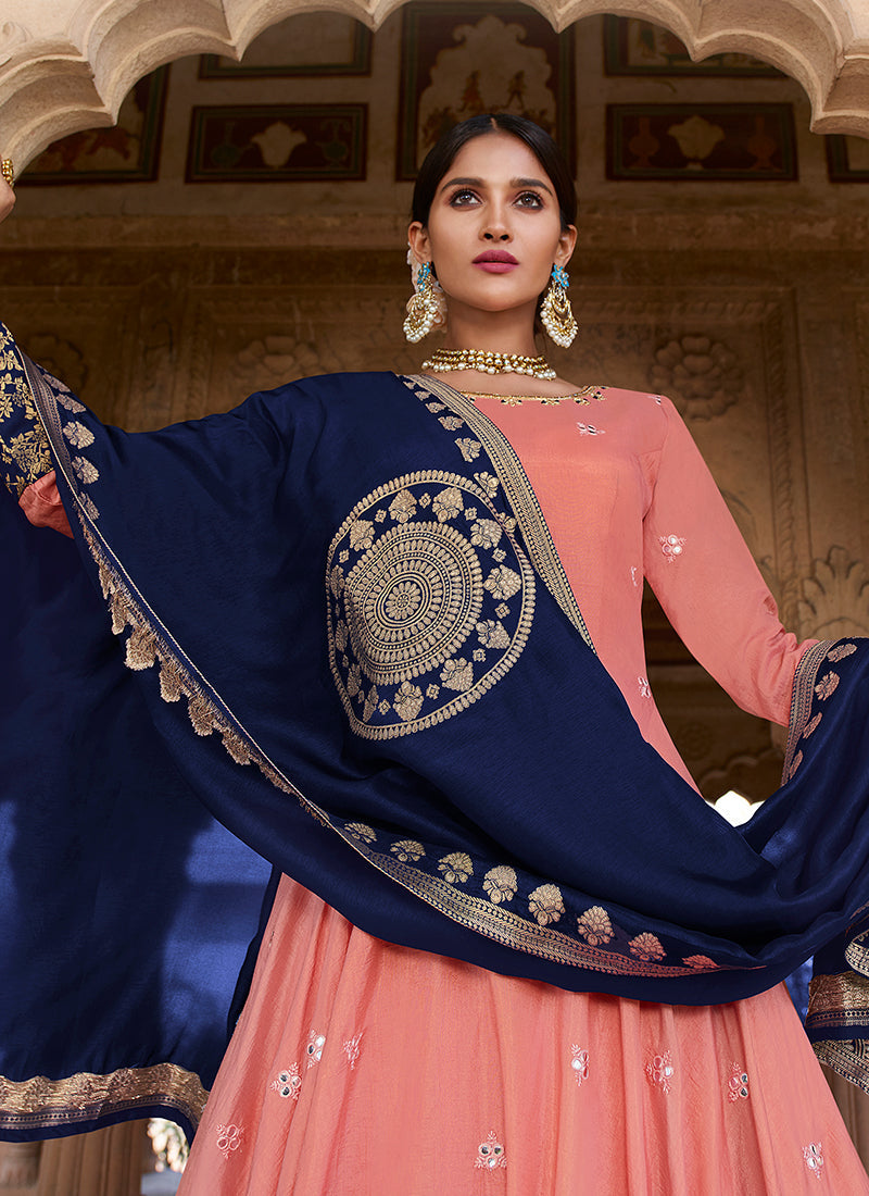 Peach And Blue Foil Mirror Embroidery Festive Anarkali Gown