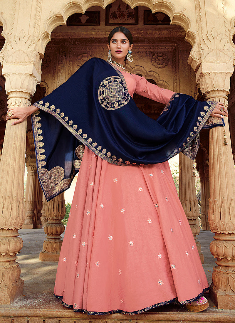 Peach And Blue Foil Mirror Embroidery Festive Anarkali Gown