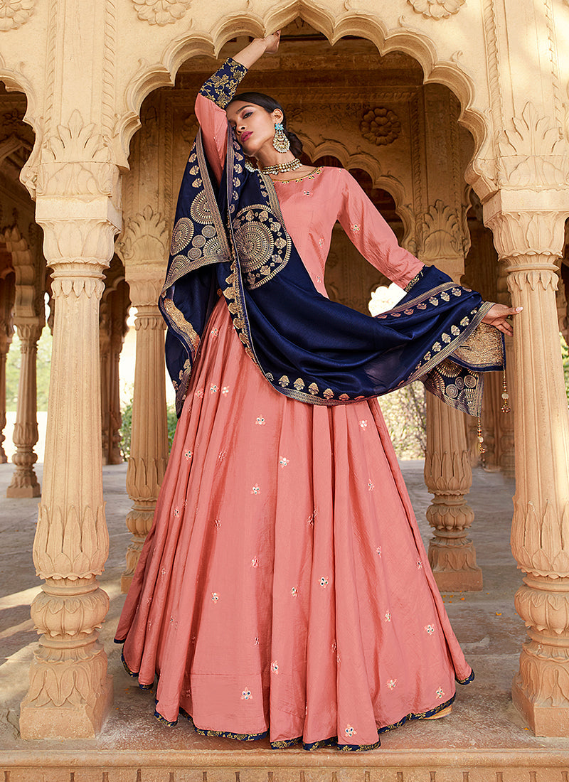 Peach And Blue Foil Mirror Embroidery Festive Anarkali Gown