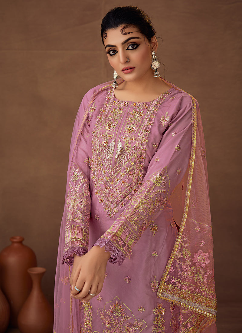 Pink Designer Embroidered Organza Palazzo Suit