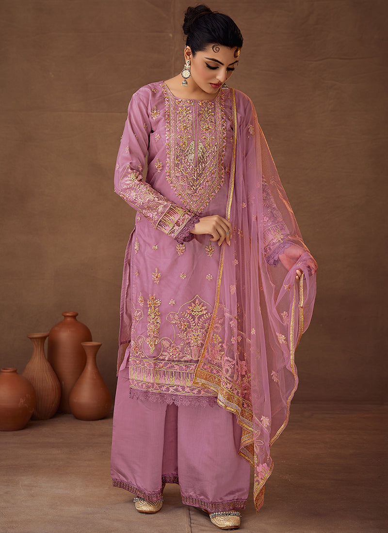 Pink Designer Embroidered Organza Palazzo Suit