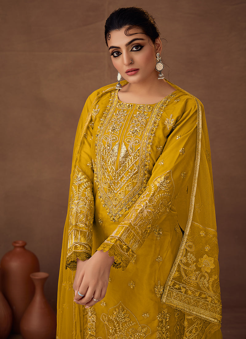 Yellow Designer Embroidered Organza Palazzo Suit