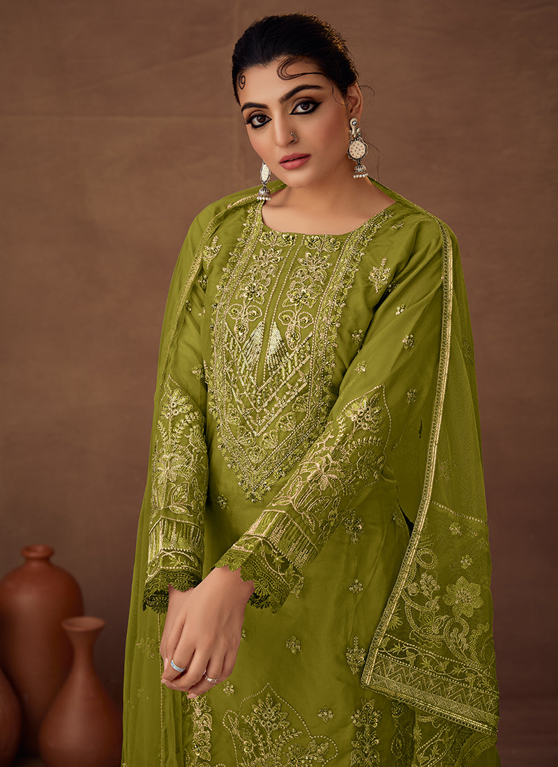 Green Designer Embroidered Organza Palazzo Suit