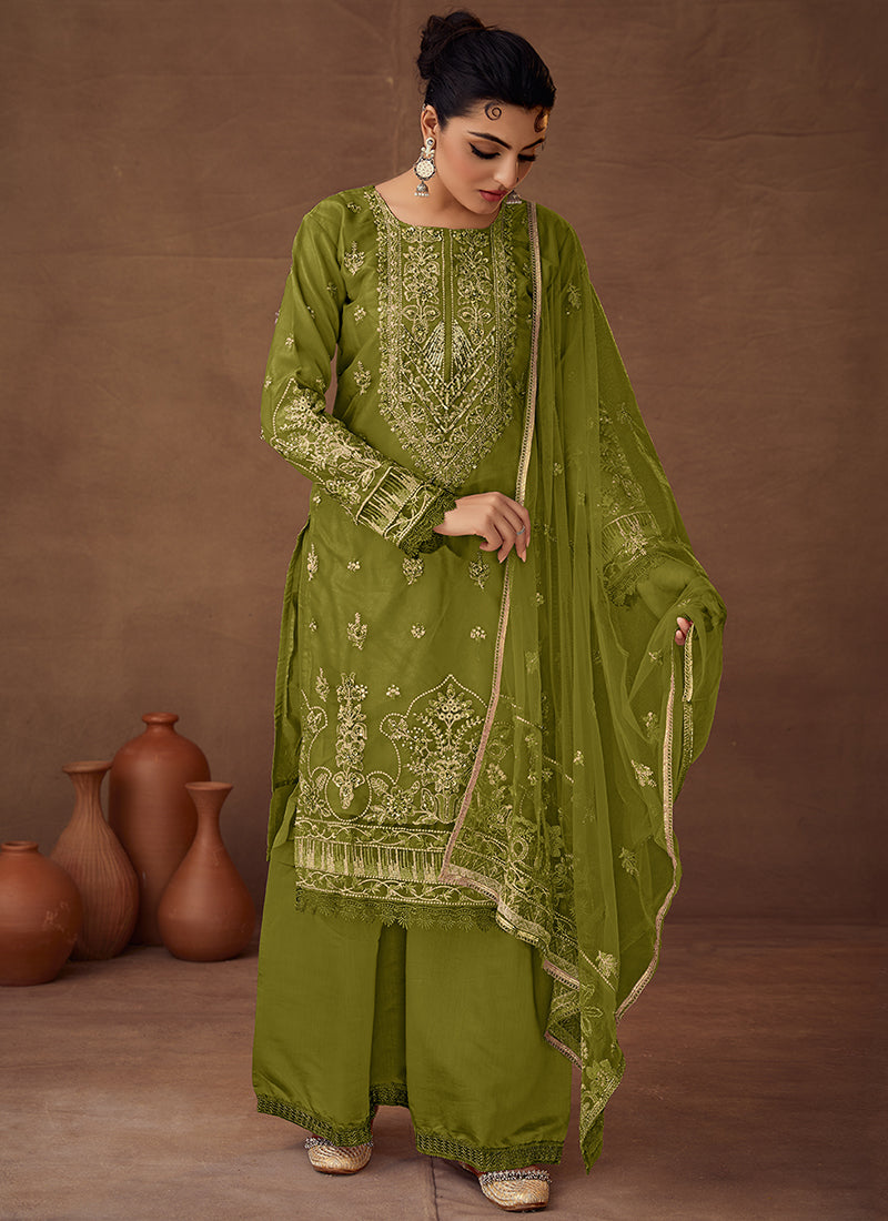 Green Designer Embroidered Organza Palazzo Suit