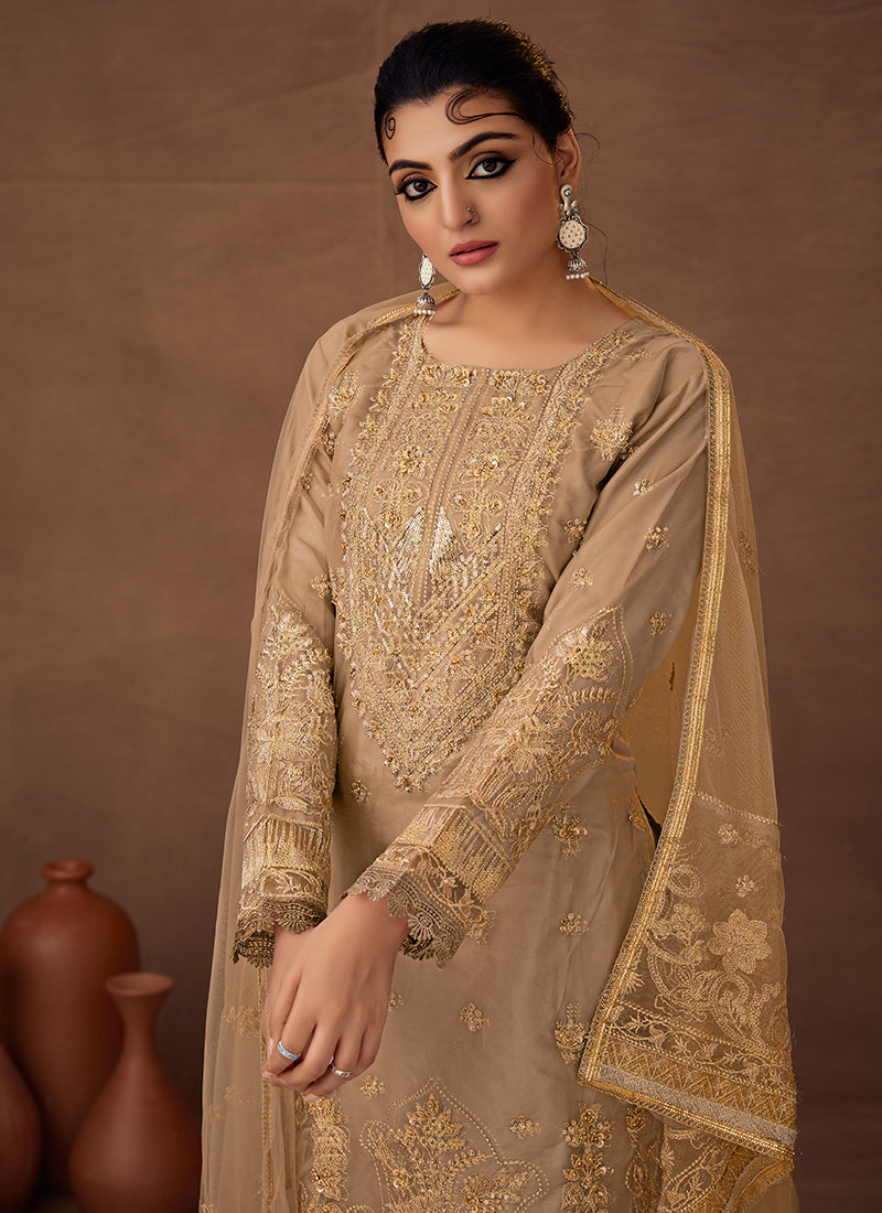 Beige Designer Embroidered Organza Palazzo Suit