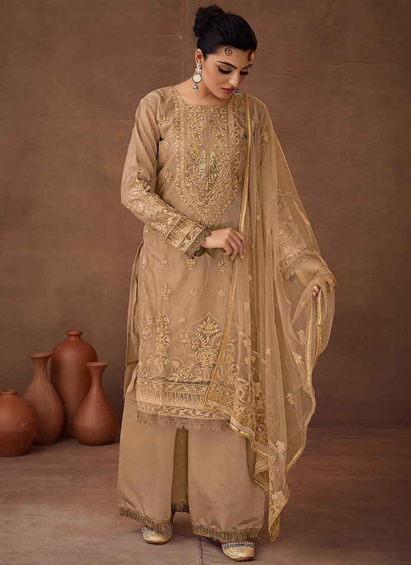 Beige Designer Embroidered Organza Palazzo Suit